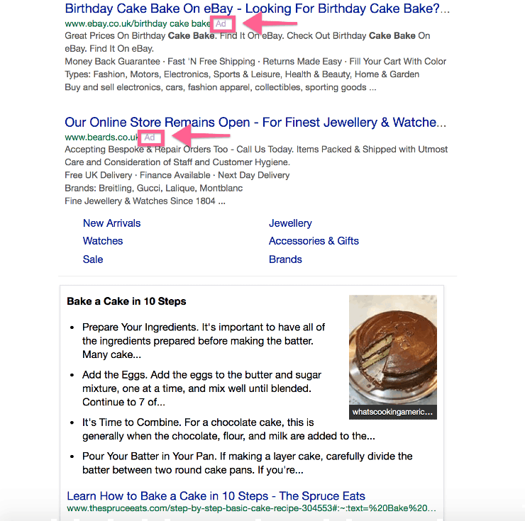 Motores de búsqueda alternativos a Google: resultados de búsqueda de "pastel de cumpleaños" en el motor de búsqueda de Yahoo.