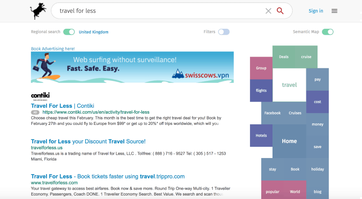 motores de búsqueda alternativos a Google: resultados de búsqueda de "viajar por menos" en el motor de búsqueda Swisscows