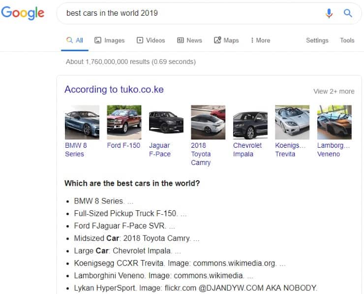 Фрагмент маркированного списка Google `` лучшие автомобили мира 2019 ''