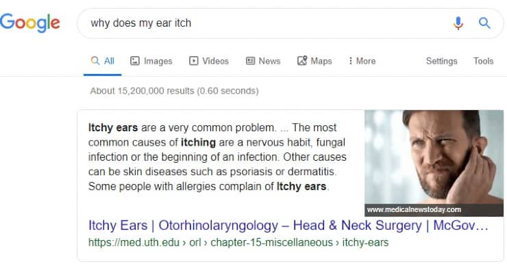 Избранные фрагменты - фрагмент абзаца Google для запроса "почему у меня чешется ухо"