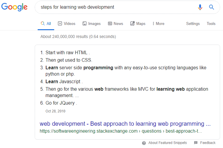 Избранные фрагменты - фрагмент номера Google для "шагов по изучению веб-разработки"