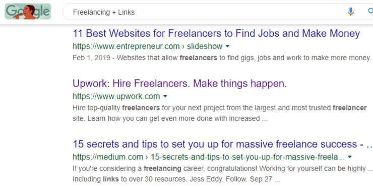 come ottenere backlink di qualità: risultati di ricerca di Google per freelance + link