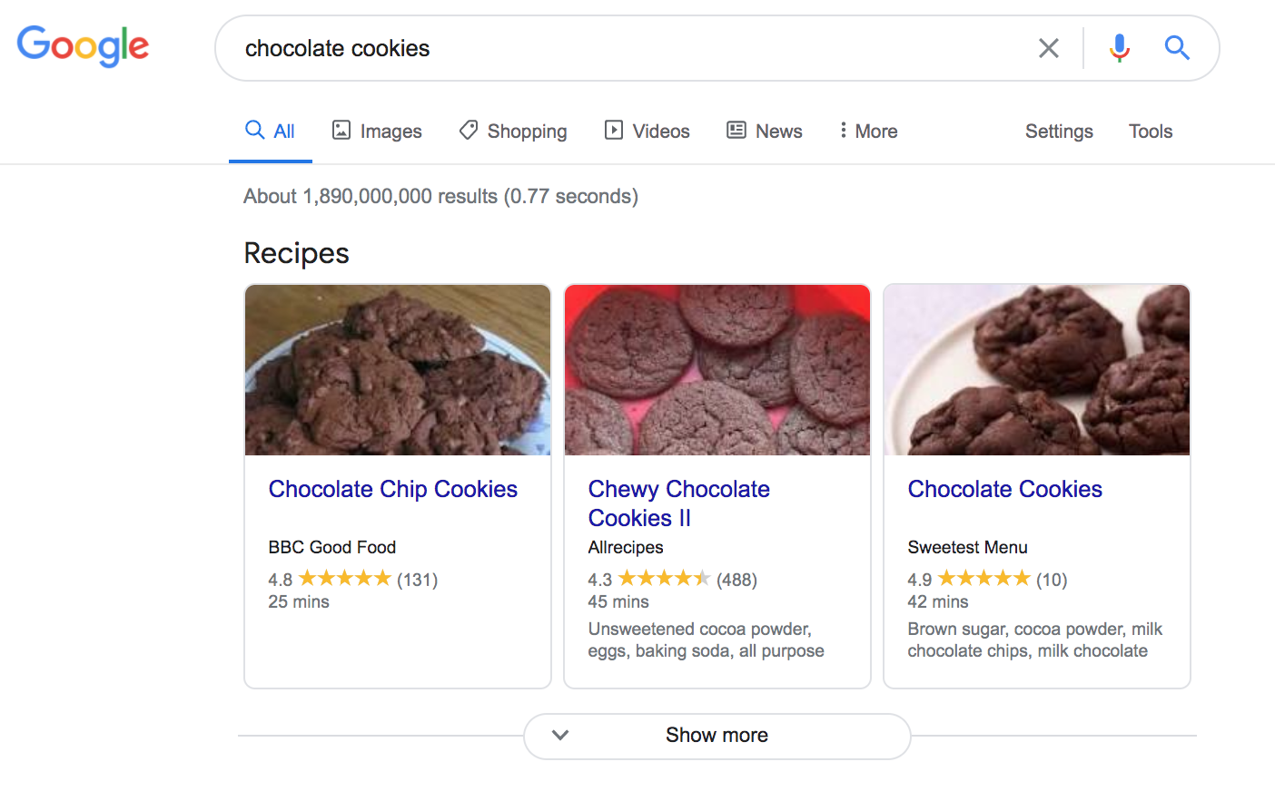 Googleのランキング要素：チョコレートクッキーのGoogle検索結果
