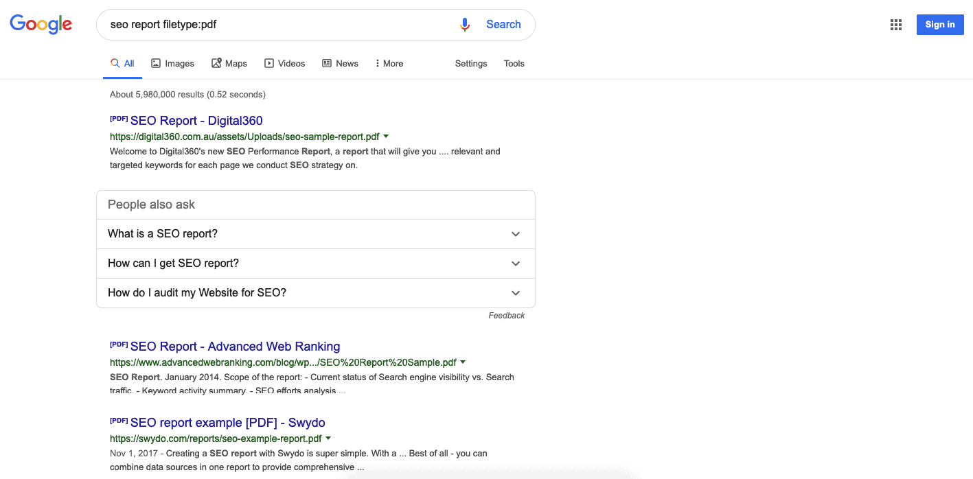 Resultados de búsqueda de Google para el tipo de archivo del informe seo: pdf