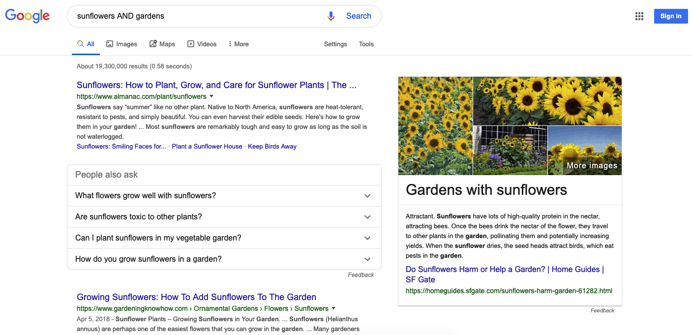 Resultados de búsqueda de Google para girasoles y jardines mediante el operador de búsqueda