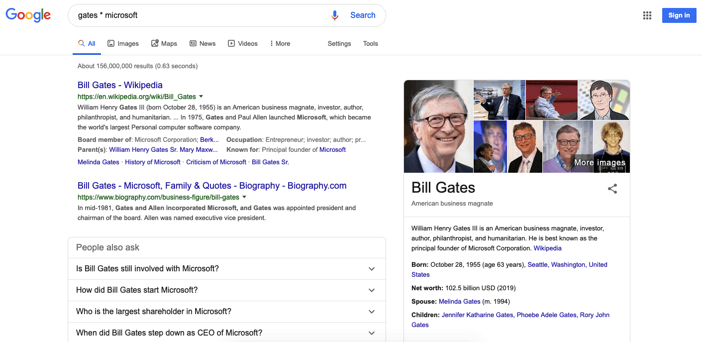 Operadores de búsqueda: resultados de búsqueda de Google para Bill Gates * Microsoft