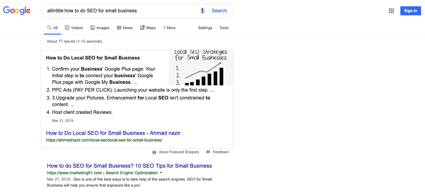 Resultados de búsqueda de Google para allintitle: cómo hacer SEO para pequeñas empresas