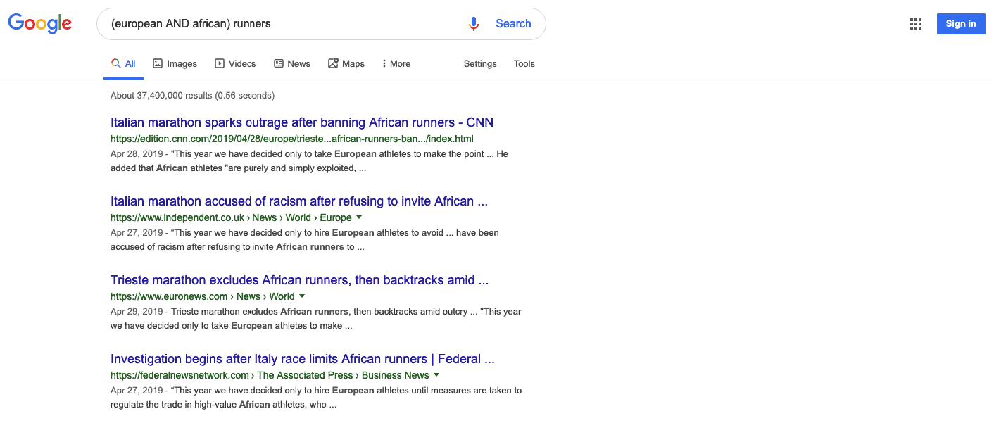Resultados de búsqueda de Google para corredores (europeos y africanos)