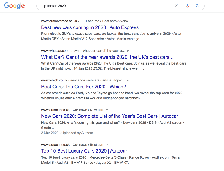 Resultados de búsqueda de Google para los mejores autos en 2020 - Seo Copywriting