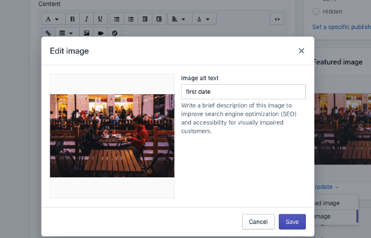 สกรีนช็อตของตัวเลือกแก้ไขรูปภาพ WordPress - Shopify Seo