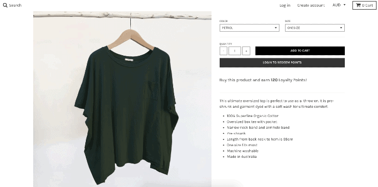 หน้ารายละเอียดสินค้าสำหรับร้านค้า Shopify ของ Tluxe แบรนด์เสื้อผ้าออสเตรเลีย - Shopify Seo