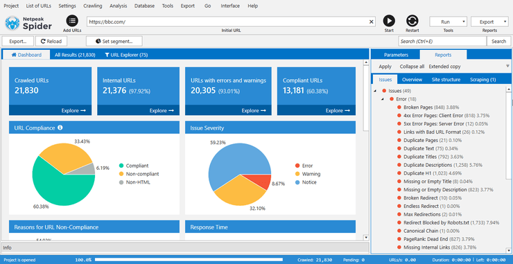 แดชบอร์ดตัวอย่าง Netpeak Spider - เครื่องมือ SEO ฟรีที่ดีที่สุด