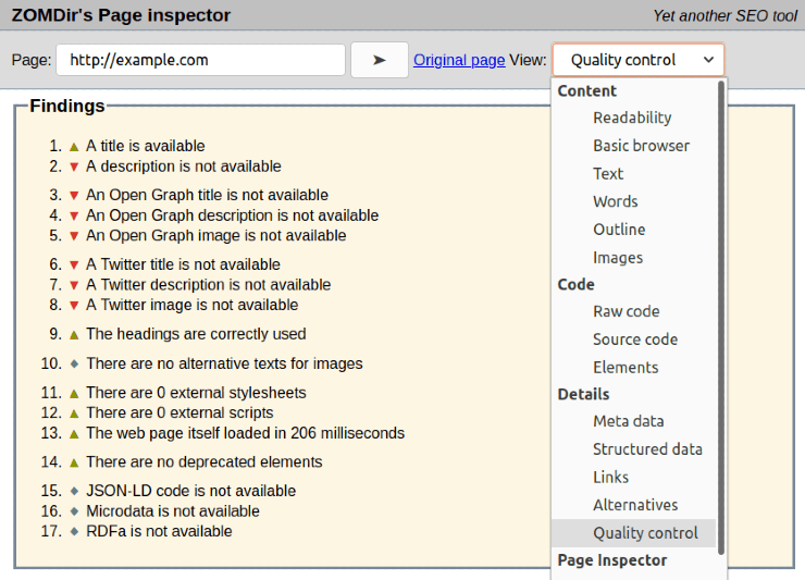 ZOMDirのページインスペクター-最高のSEOツール(無料および有料)
