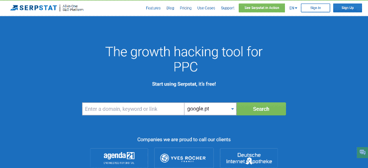 Serpstat 主頁片段 - 免費和付費 Ahrefs 替代品