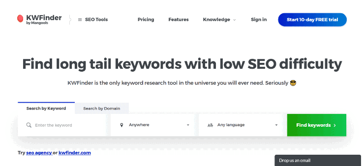 Mangools-KWFinder 登陸頁面片段 - 免費和付費 Ahrefs 替代品