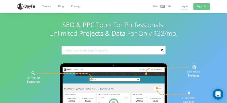 SpyFu 主頁片段 - 免費和付費 Ahrefs 替代品