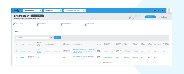 Raven LinkManagerサンプルダッシュボード-最高のリンク構築ツール