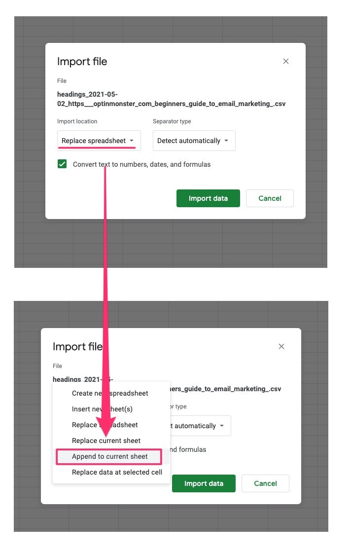 use Google Sheets to extract seed words