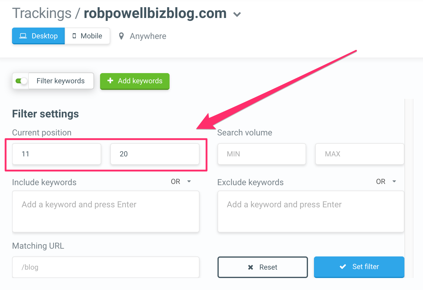mangools keyword filter