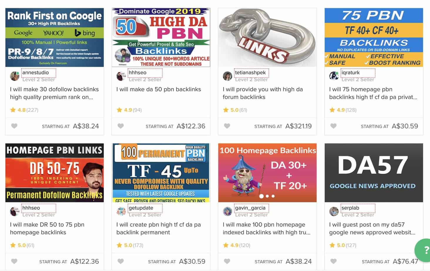 types of seo - backlink sellers on Fiverr