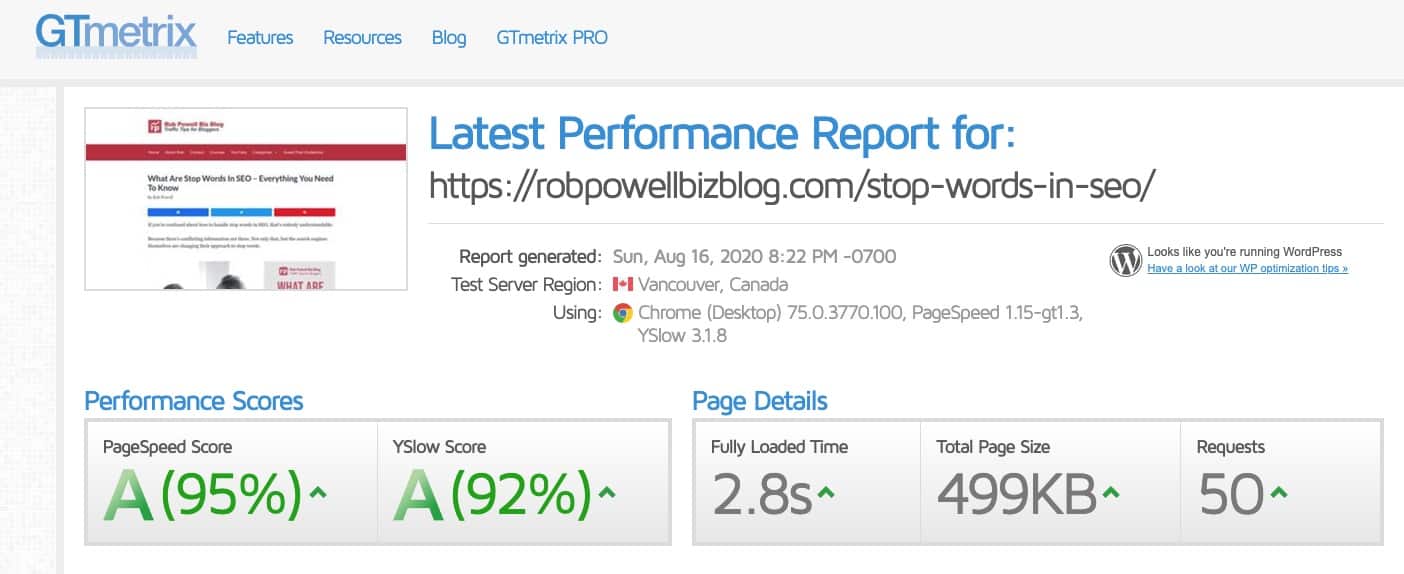 Link Whisper speed test - gtmetrix - without links