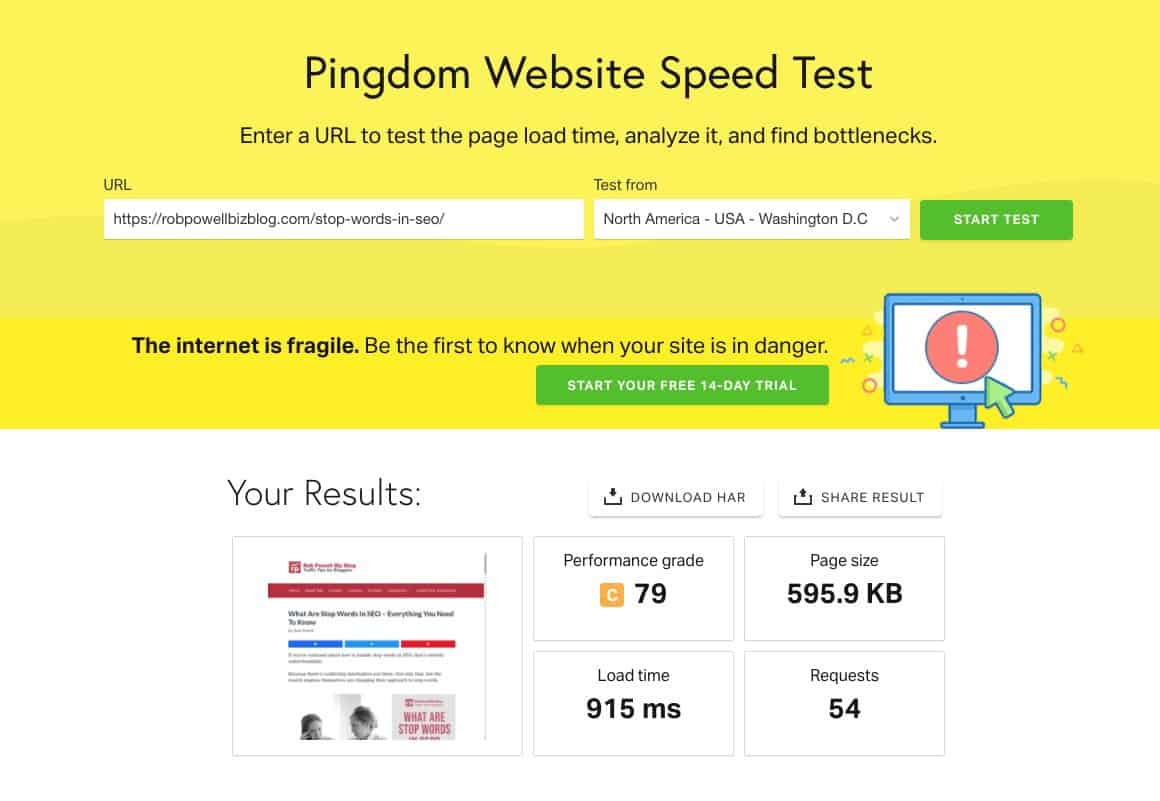 Link Whisper speed test - pingdom - without links