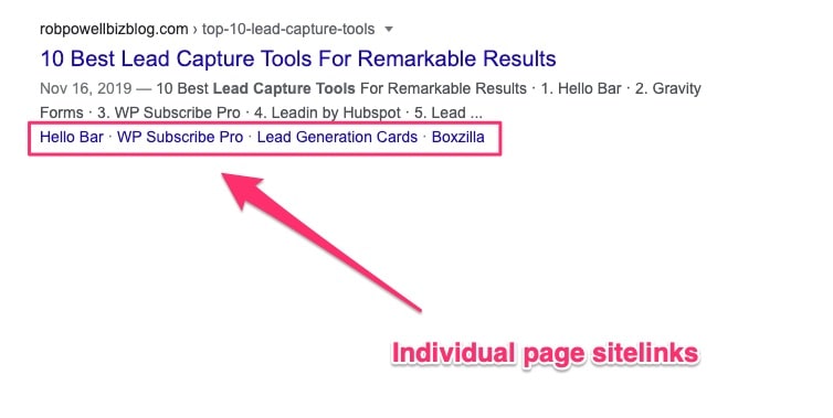 sitelinks for an individual page