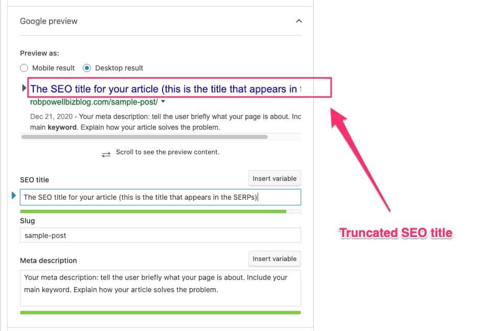 So fügen Sie Meta-Tags in WordPress hinzu - 08 example of a truncated SEO title