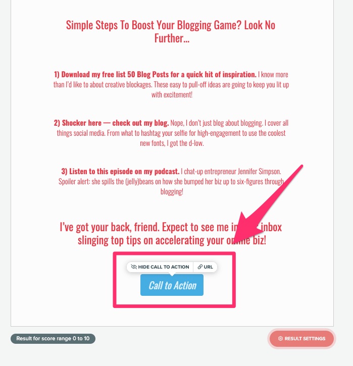 quiz result CTA button