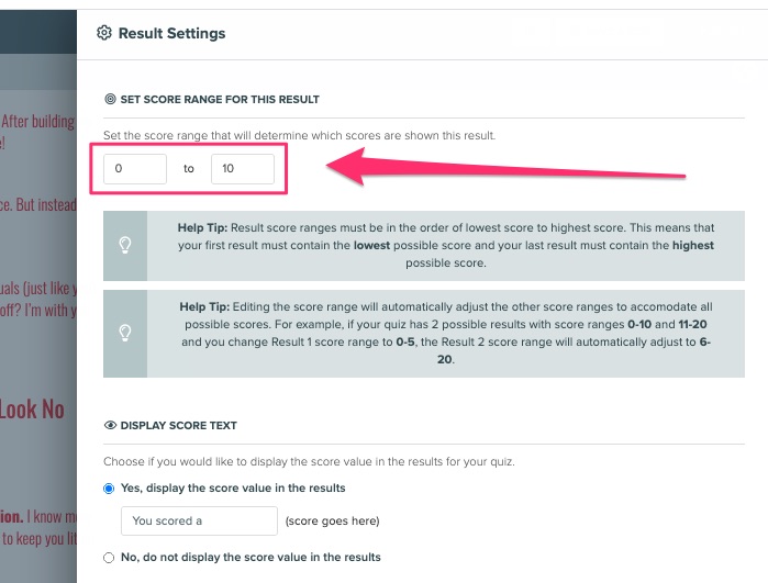 setting scores for quiz answers