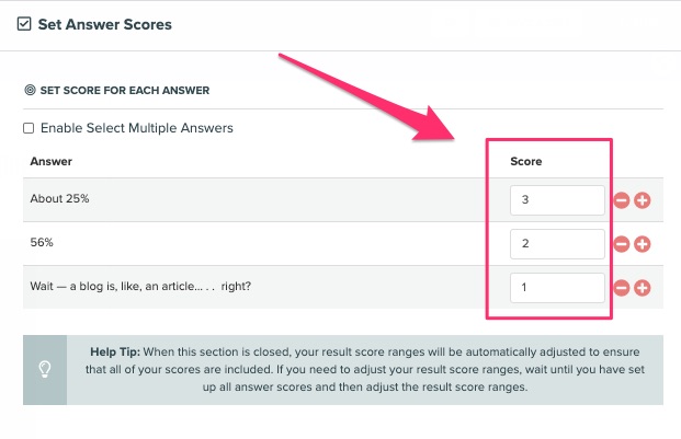 setting the scores for the answers