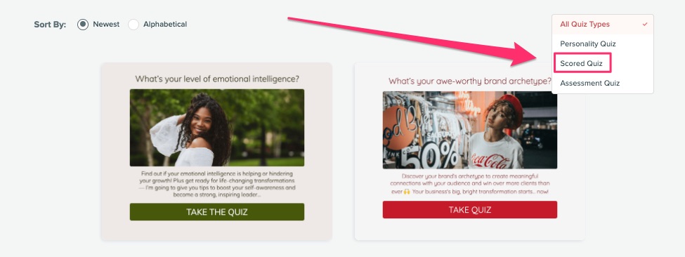 On the next screen, choose ‘Scored Quiz’ from the drop down menu: - choose a template