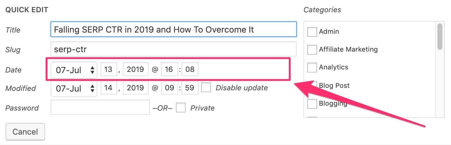 google freshness algorithm and date of blog post in WP