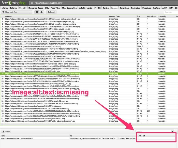 using screaming frog to find images without alt text