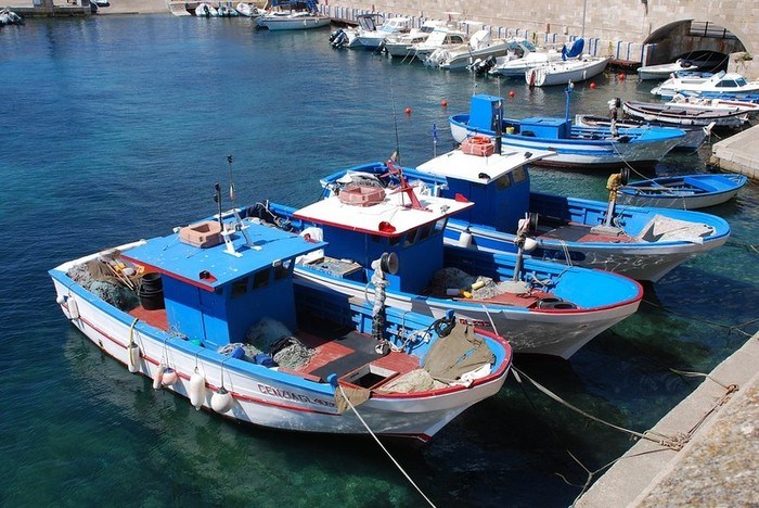 blue and white fishing boats at Gallipoli, Puglia, Italy