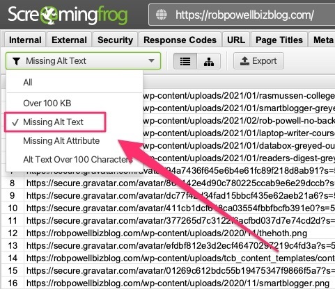 using screaming frog to find images without alt text