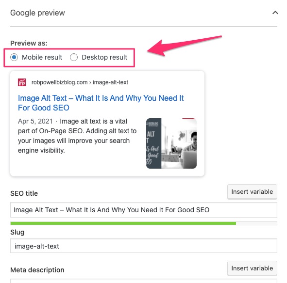 in Toast SEO plugin, you can preview your title tag on desktop and mobile