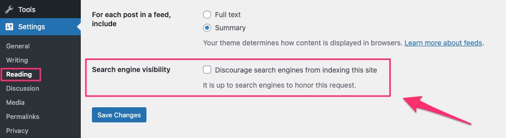 search engine visibility in WordPress settings