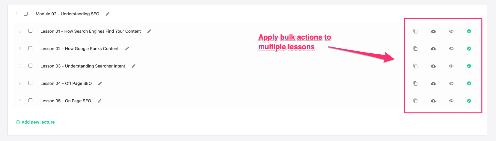 画像05-教えられるコースビルダー bulk actions in Reachable's course builder
