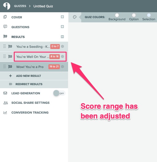 adjusting the score range for your quiz results
