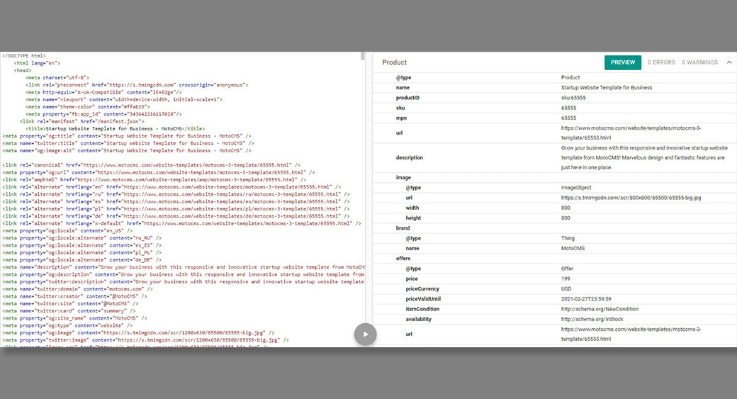 przykład uporządkowanych danych produktu