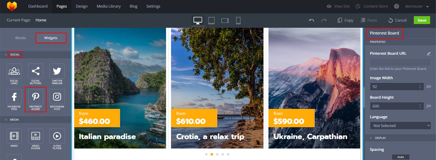 Pinterest Board บนเครื่องมือสร้างเว็บไซต์