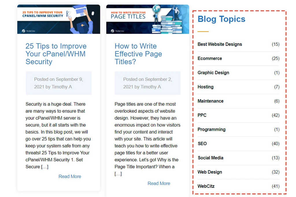 Pătrat roșu evidențiind categorii de tipuri de bloguri