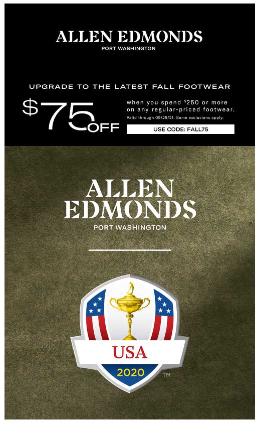 Courriel d'Allen Edmonds offrant 75 $ de rabais sur l'achat