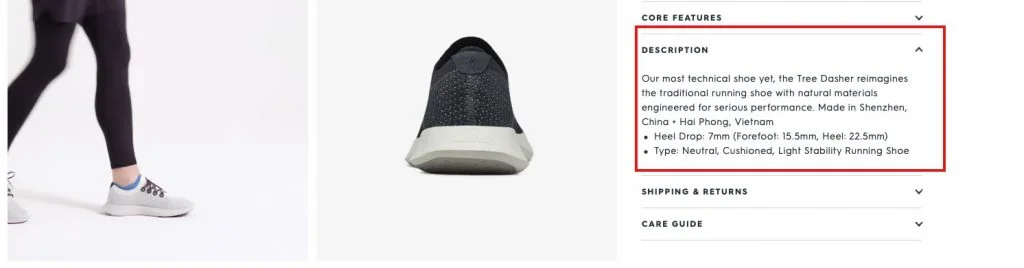 Site Web avec description du produit en surbrillance montrant des descriptions de produits personnalisées