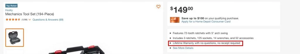Place rouge autour des pages de produits sur le site Web des dépôts à domicile indiquant une garantie à vie