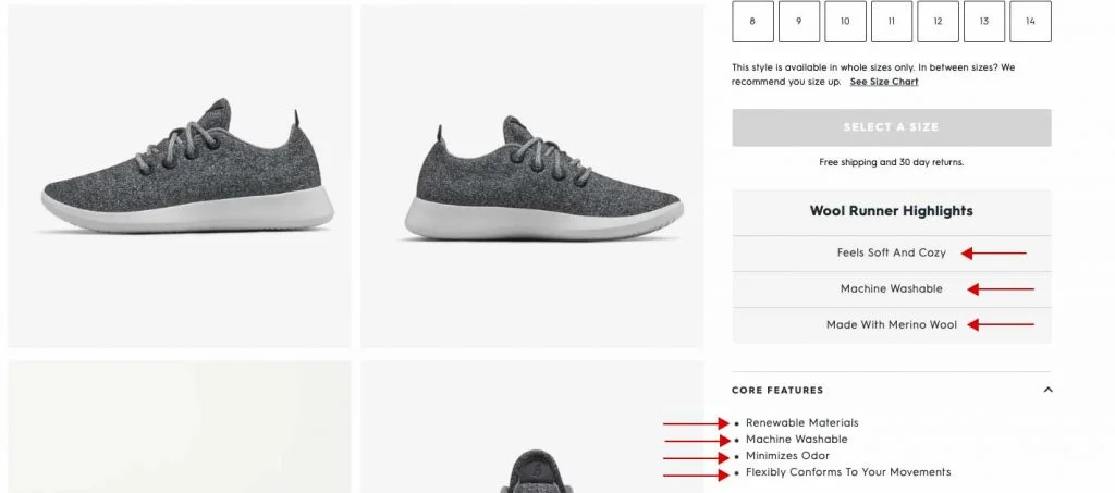 Flèches pointant vers les principales raisons d'acheter un produit sur une page de produit