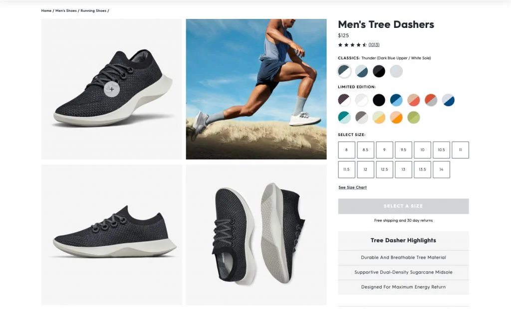 所有 Birds 產品頁面都顯示了精美的產品圖片