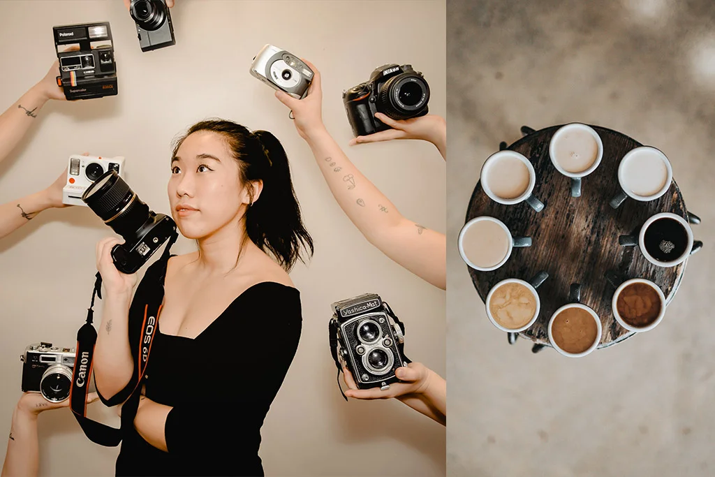 周圍有攝像頭的人，然後將屏幕拆分為咖啡，在桌子上圍成一圈