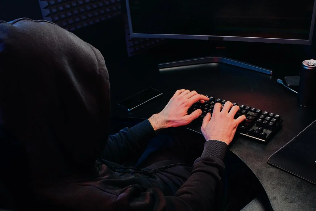 persoană cu glugă la tastând pe un computer